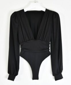 Deep V-Neck Bodysuit with Puff Sleeves