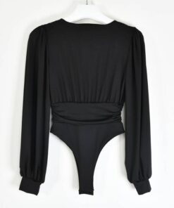 Deep V-Neck Bodysuit with Puff Sleeves