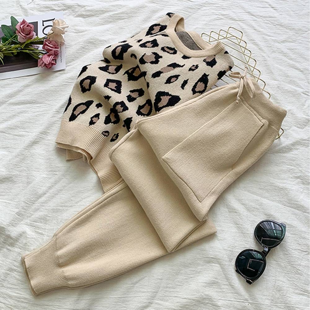 Knit Leopard Pullover Sweater and Pants Set